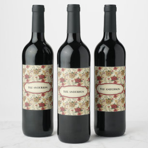 Étiquette Pour Bouteilles De Vin Classique Floral Rouge et Or Poinsettia Vintage 
