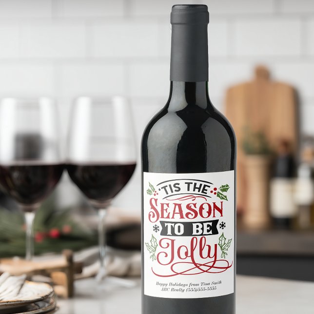 Étiquette Pour Bouteilles De Vin Clientèle de Noël personnalisée Jolly Holiday (Personalized Christmas Wine Label for Customer Gifts)