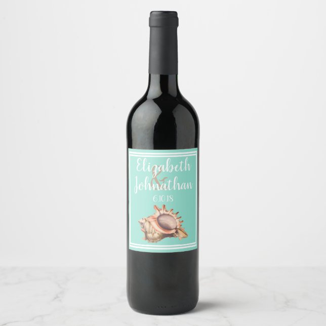 Étiquette Pour Bouteilles De Vin Coastal Conch Seashell & Sea Glass Mariage vert (Devant)