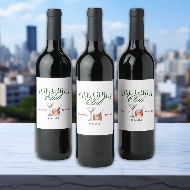 Étiquette Pour Bouteilles De Vin Cocktails Classy Green & Red Girl's Club (Créateur téléchargé)