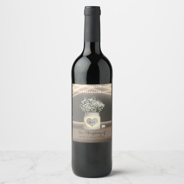 Étiquette Pour Bouteilles De Vin Coeur brillant Mason Jar & Baby's Breath Wine Étiq (Devant)