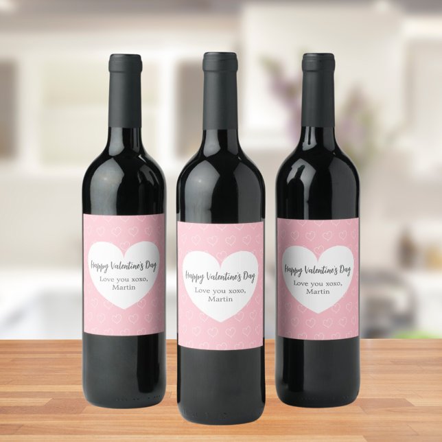 Étiquette Pour Bouteilles De Vin Coeurs blancs roses Saint Valentin (Créateur téléchargé)