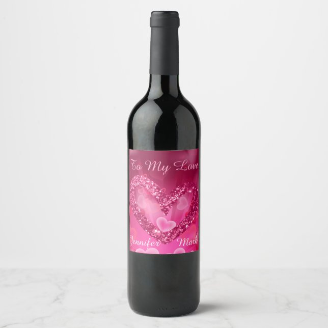 Étiquette Pour Bouteilles De Vin Coeurs de Parties scintillant Rose Faux & Coeurs B (Devant)