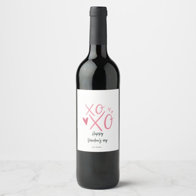 Étiquette Pour Bouteilles De Vin Cœurs roses "XOXO"Joyeuse Saint-Valentin  (Devant)
