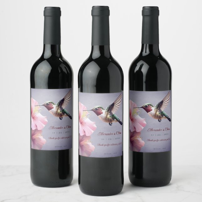 Étiquette Pour Bouteilles De Vin Colibri et Mariage d'Hibiscus | Pourpre (Bouteilles)