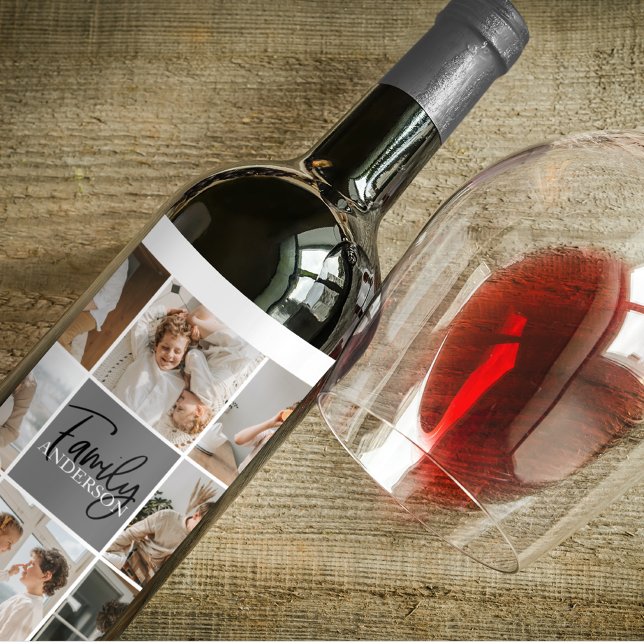 Étiquette Pour Bouteilles De Vin Collage familial photo et cadeau gris personnalisé (Créateur téléchargé)
