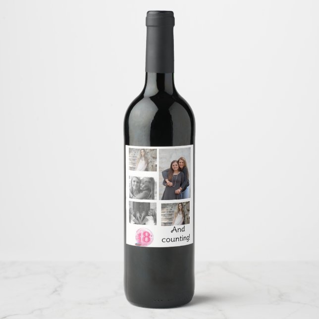 Étiquette Pour Bouteilles De Vin Collage photo personnalisé 5 | 18e anniversaire (Devant)