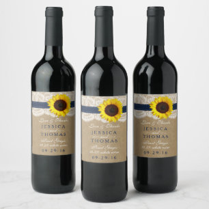 Étiquette Pour Bouteilles De Vin Collection Kraft, dentelle et tournesol - Navy