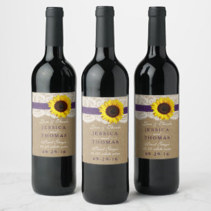 Étiquette Pour Bouteilles De Vin Collection Kraft, dentelle et tournesol - violet