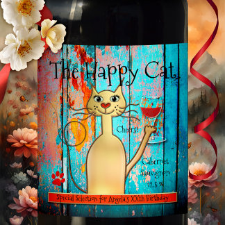 Étiquette Pour Bouteilles De Vin Coloré et drôle Happy Chat Étiquette de vin person