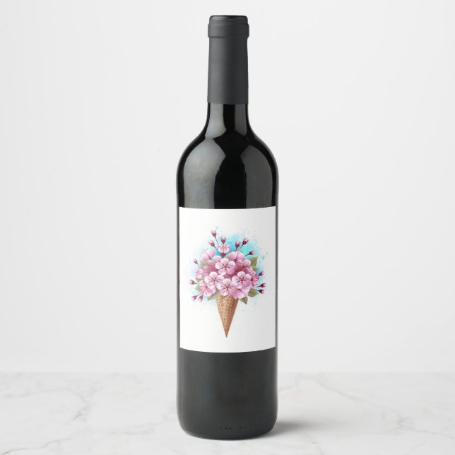 Étiquette Pour Bouteilles De Vin Cône rose Sakura crème glacée gaufre (Devant)