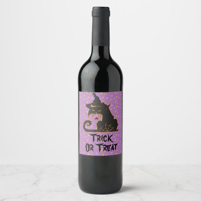 Étiquette Pour Bouteilles De Vin Confettis pour Soirée Chat Noir d'Halloween (Devant)