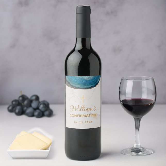 Étiquette Pour Bouteilles De Vin Confirmation Garçon Blue Geode Gold Marble Script (Créateur téléchargé)