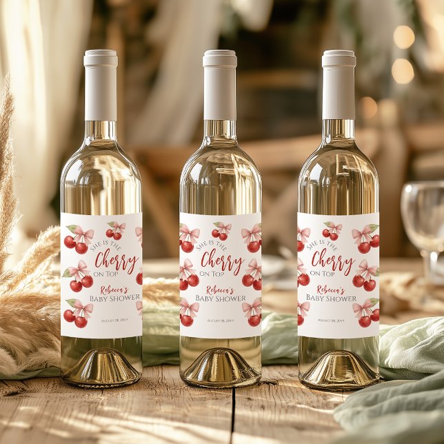 Étiquette Pour Bouteilles De Vin Coquette Bow rouge cerise rose sur le Baby shower  (Créateur téléchargé)
