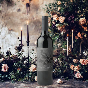 Étiquette Pour Bouteilles De Vin Corbeau noir gothique et Mariage Rose noir