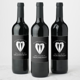 Étiquette Pour Bouteilles De Vin Costume Mariage noir et Cravate Groomsman Proposit