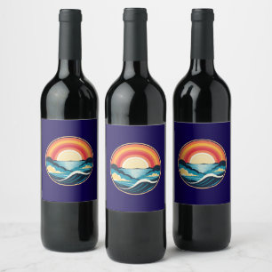 Étiquette Pour Bouteilles De Vin Coucher de soleil Art déco zen sur l'eau