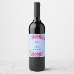Étiquette Pour Bouteilles De Vin Couleur bleu pâle avec jardin de fleurs roses élég