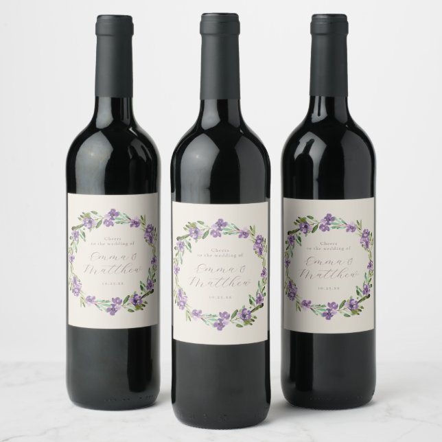 Étiquette Pour Bouteilles De Vin Couronne botanique à fleurs violettes Script (Bouteilles)
