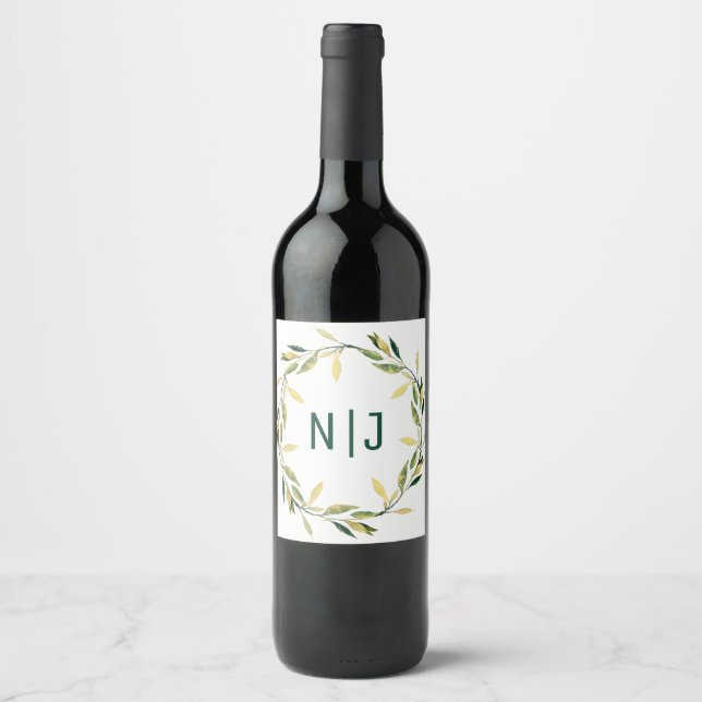 Étiquette Pour Bouteilles De Vin Couronne de feuilles vertes botaniques dorées Rust (Devant)