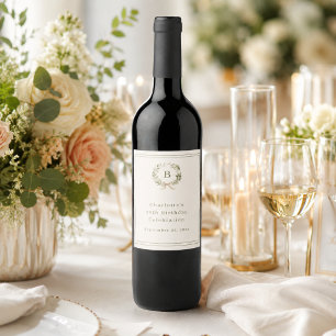 Étiquette Pour Bouteilles De Vin Couronne de monogramme vert ivoire pour anniversai
