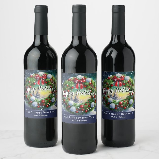 Étiquette Pour Bouteilles De Vin Couronne de Noël enneigée (Bouteilles)