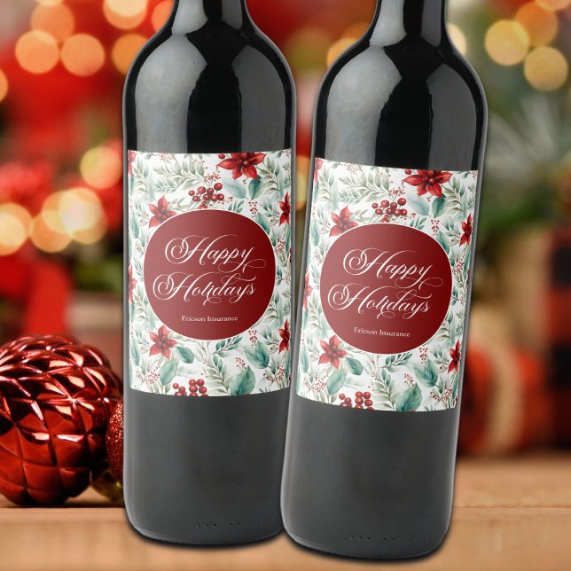Étiquette Pour Bouteilles De Vin Couronne de Noël pour entreprise avec Poinsettia  (Créateur téléchargé)
