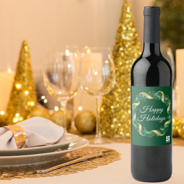 Étiquette Pour Bouteilles De Vin Couronne de Noël verte avec logo d'entreprise pers (Créateur téléchargé)