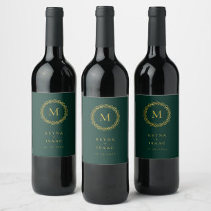 Étiquette Pour Bouteilles De Vin Couronne élégante en or Monogramme vert émeraude