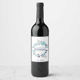 Étiquette Pour Bouteilles De Vin Couronne florale bleue marine et sarcelle -