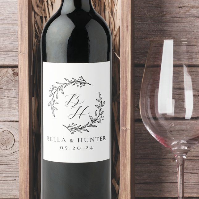 Étiquette Pour Bouteilles De Vin Couronne florale de mariage initiale monogramme (Créateur téléchargé)