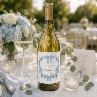 Étiquette Pour Bouteilles De Vin Couronne florale d'hydrangea bleue aquarelle pour