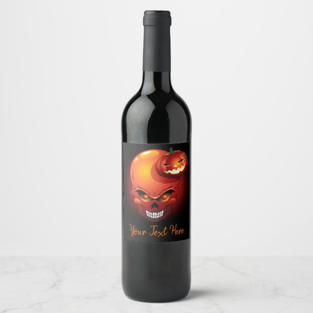 Étiquette Pour Bouteilles De Vin Crâne d'Halloween et Citrouille (Devant)