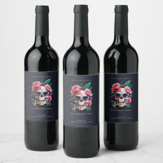 Étiquette Pour Bouteilles De Vin Crâne floral Faboolous Spooktacular Nom de famille