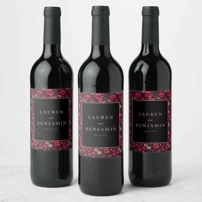 Étiquette Pour Bouteilles De Vin Crâne floral rouge gothique bordure (Bouteilles)