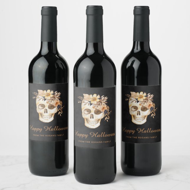 Étiquette Pour Bouteilles De Vin Crâne Floral Rustique Halloween (Bouteilles)