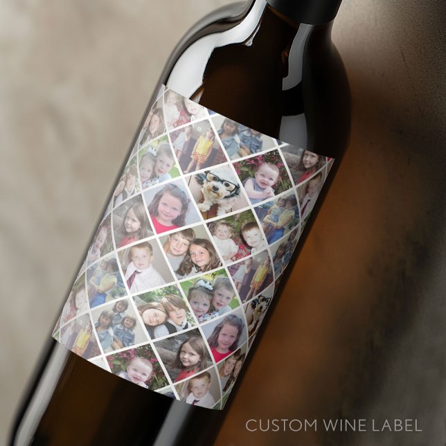 Étiquette Pour Bouteilles De Vin Créer un collage photo personnalisé avec 12 photos (Custom Wine Bottle Label - Personalize a Sticker for a fun gift or memento)