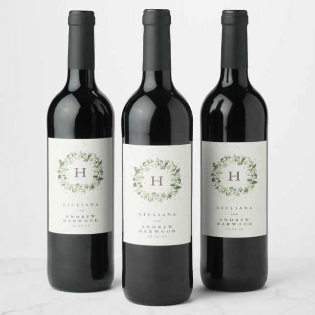 Étiquette Pour Bouteilles De Vin Crème Snowberry+Eucalyptus Mariage d'hiver (Bouteilles)