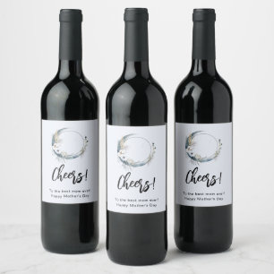 Étiquette Pour Bouteilles De Vin Crescent Bleu Lune aux fleurs blanches Fête des mè