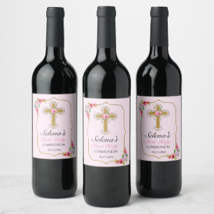 Étiquette Pour Bouteilles De Vin Croix d'or rose Floral 1ère communion