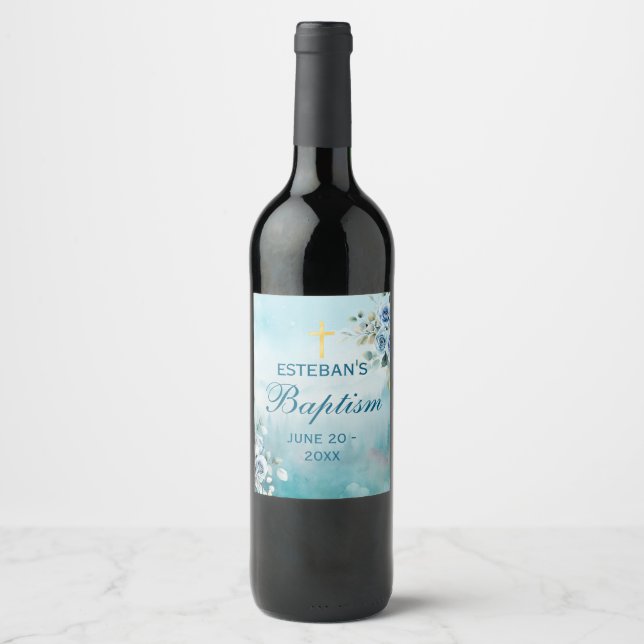 Étiquette Pour Bouteilles De Vin Croix Florale Bleue Baptême  (Devant)