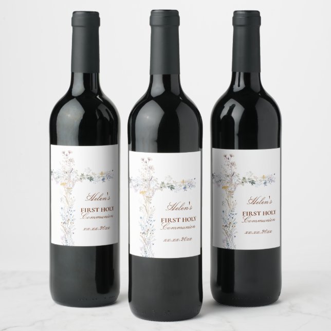 Étiquette Pour Bouteilles De Vin croix florale de première communion (Bouteilles)
