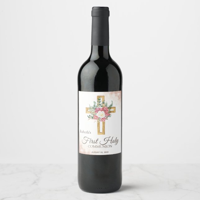 Étiquette Pour Bouteilles De Vin Croix florale en or Roses (Devant)