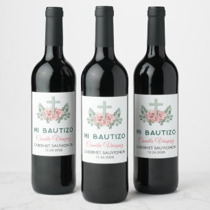 Étiquette Pour Bouteilles De Vin Croix mignonne et Feuille en espagnol Bautizo Bapt