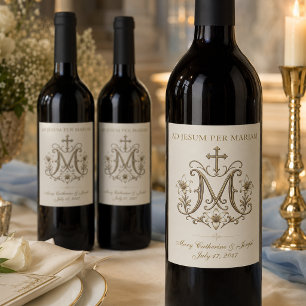 Étiquette Pour Bouteilles De Vin Croix Monogramme de Marie en Or