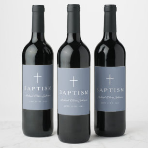 Étiquette Pour Bouteilles De Vin Croix Religieuse Bleu Poussiéreux Baptême Garçon