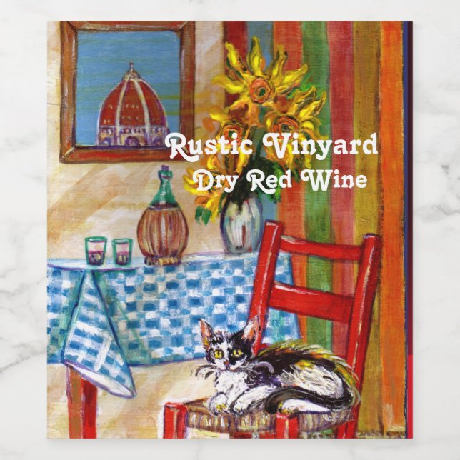 ÉTIQUETTE POUR BOUTEILLES DE VIN CUISINE TOSCANE CHAT, LUNETTES À VIN DE SOUFFLE (Étiquettes simples)
