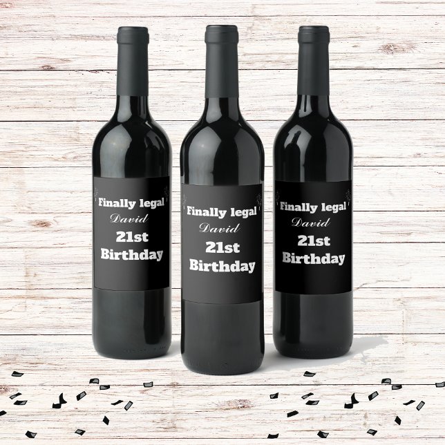Étiquette Pour Bouteilles De Vin Custom Elegant Noir Enfin Légal 21ème Anniversaire (Créateur téléchargé)