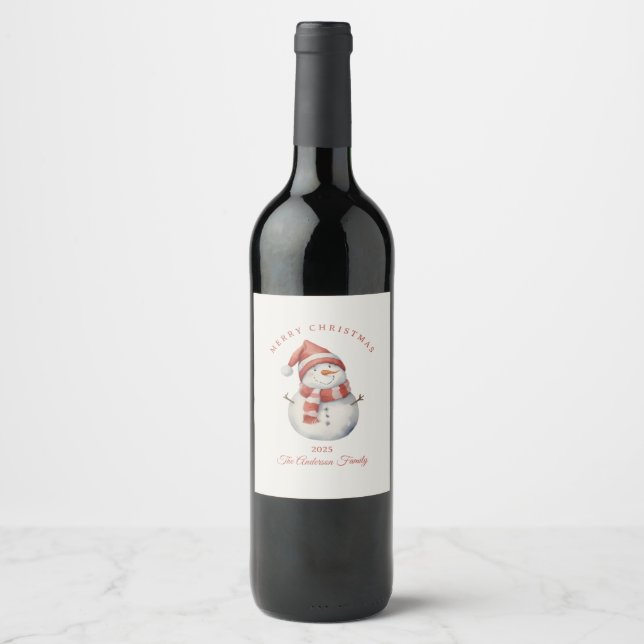 Étiquette Pour Bouteilles De Vin Custom Snowman aquarelle cadeau de Noël (Devant)