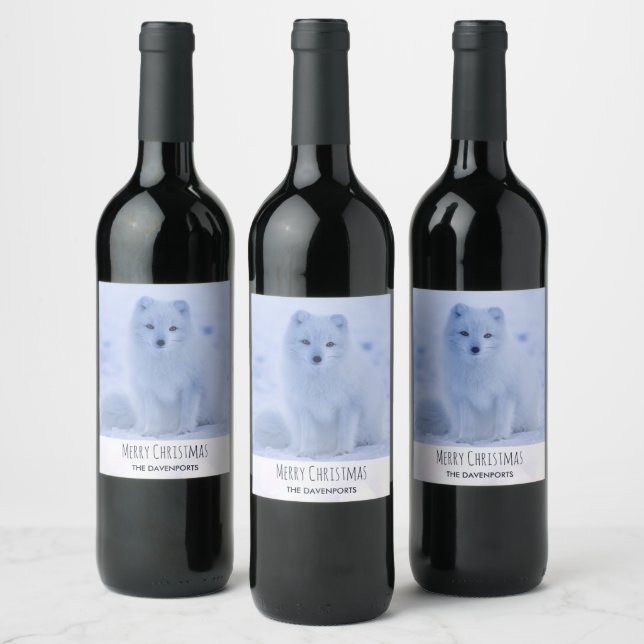 Étiquette Pour Bouteilles De Vin Cute Arctic Fox sur Snowy Winter Arrière - plan (Bouteilles)